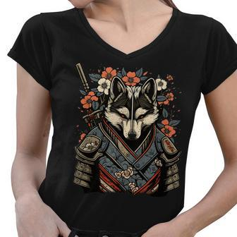 Japanese Samurai Wolf Tattoo Vintage Kawaii Ninja Gift For Women Women V-Neck T-Shirt | Mazezy