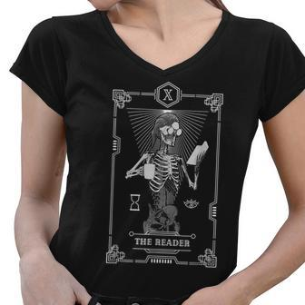 Tarot Card The Reader Bookish Astrology Skeleton Astrology Funny Gifts Women V-Neck T-Shirt | Mazezy