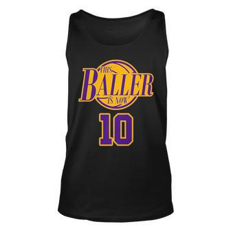 10 Years Old Birthday Basketball Baller Purple And Yellow Unisex Tank Top | Mazezy CA