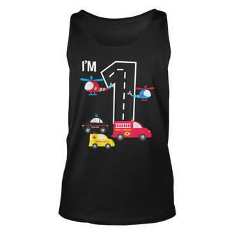 1St Birthday Fire Truck Police Car Ambulance 1 Year Toddler Unisex Tank Top | Mazezy