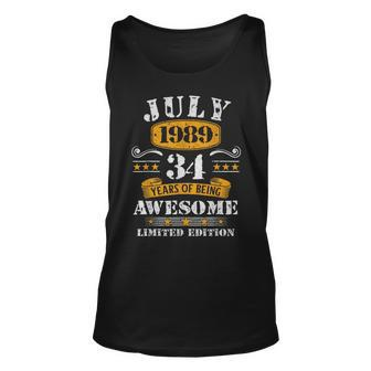34 Years Old Awesome 34Th Birthday Since July 1989 Unisex Tank Top | Mazezy