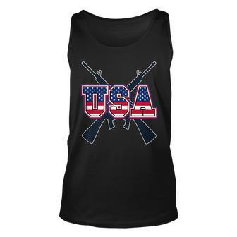 4Th Of July Usa With Gun Background Gun Funny Gifts Unisex Tank Top | Mazezy