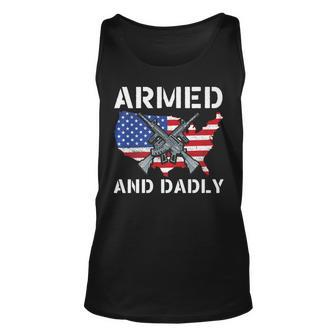 Armed And Dadly Funny Fathers Day Pun Us Flag Deadly Dad Unisex Tank Top | Mazezy