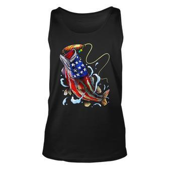 Bass Fishing Fish American Flag Dad Father Fourth Of July Unisex Tank Top | Mazezy