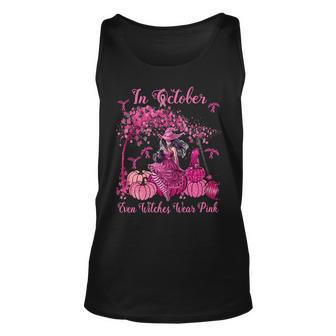 Bc Breast Cancer Awareness In October Even Witches Wear Pink Autumn Fall Breast Cancer1 Cancer Unisex Tank Top - Monsterry UK