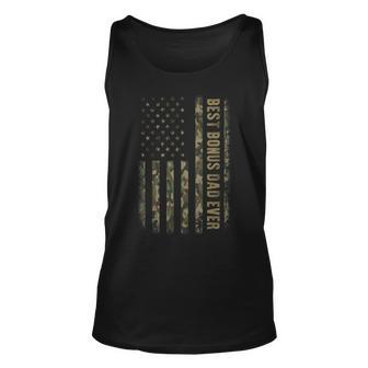 Best Bonus Dad Ever Camouflage American Flag Fathers Day Unisex Tank Top | Mazezy