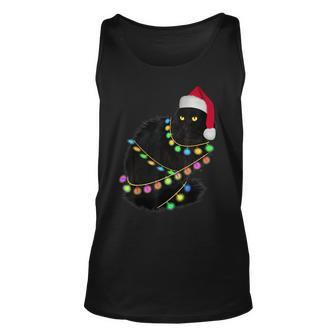 Black Cat Santa Hat Light Tree Ugly Christmas Sweater Tank Top | Mazezy