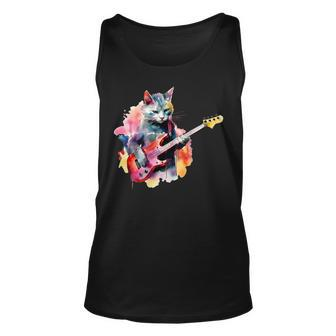 Cat Playing Bass Guitar Watercolor Graphic Design Unisex Tank Top - Seseable