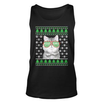 Cat With Sunglasses Meowy Ugly Christmas Sweater Tank Top | Mazezy