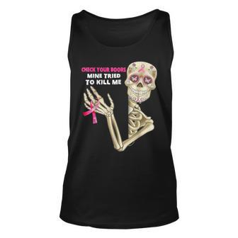 Check Your Boobs Skeleton Hand Breast Cancer Awareness Pink Tank Top | Mazezy
