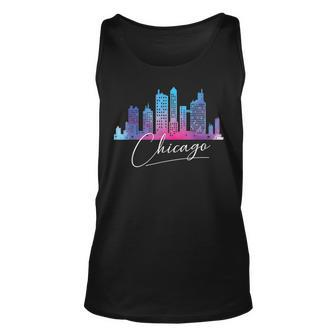 Chicago Watercolor Skyline Illinois State Unisex Tank Top | Mazezy