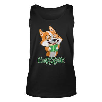 Corgeek Corgi Geek Pun - Cute Nerd Dog Reading Book Unisex Tank Top | Mazezy