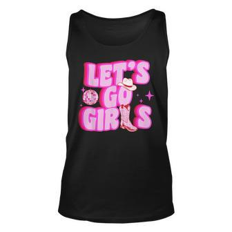 Cowgirl Lets Go Girls Cowgirl Pink Hat Boots Western Unisex Tank Top | Mazezy CA