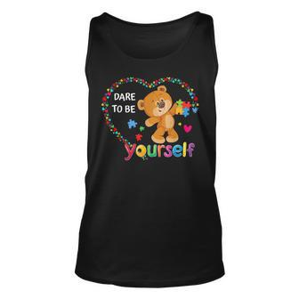 Dare To Be Yourself Autism Awareness Bear Heart Puzzle Piece Tank Top | Mazezy