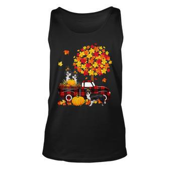Dog Border Collie Three Border Collies On Pickup Truck Thanksgiving Fall Tree Unisex Tank Top - Monsterry