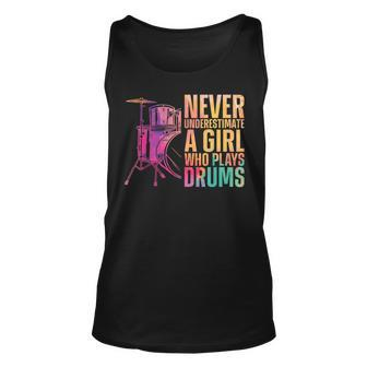 Drummer Drum Set Watercolor Never Underestimate A Girl Who Unisex Tank Top - Seseable