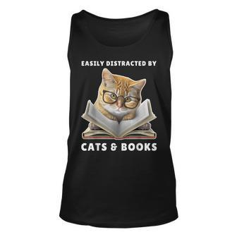Easily Distracted By Cats And Books Cat Book Lover Club Unisex Tank Top | Mazezy