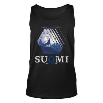 Finland Full Moon Wolf Howling Suomi Flag Used Look Unisex Tank Top - Monsterry AU
