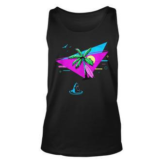 Fun Retro Tropical Vaporwave Palm Trees Shark And Surfboard Tank Top - Monsterry CA