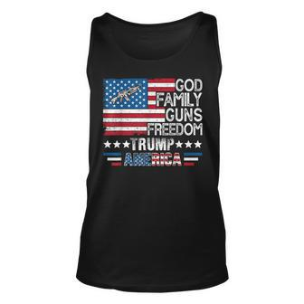 God Family Guns & Freedom Pro Trump 2024 Maga American Flag Unisex Tank Top - Seseable