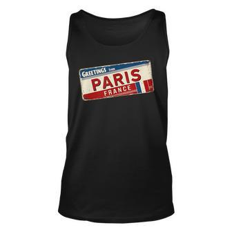 Greetings From Paris France Travel Vintage Car Tag France Tank Top | Mazezy