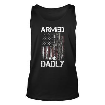 Gun American Flag Armed And Dadly Funny Deadly Dad Father Unisex Tank Top | Mazezy
