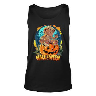 Halloween Special Scary Teddy Bear On Top Of Pumpkin Unisex Tank Top | Mazezy