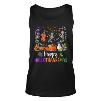 Happy Hallothanksmas Dancing Skeleton Halloween Thanksgiving Tank Top | Mazezy