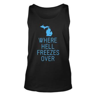 Hell Freezes Michigan Michigander Great Lakes Map Tank Top | Mazezy