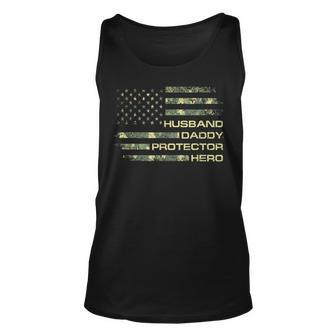 Husband Daddy Protector Hero Fathers Day Camo American Flag Unisex Tank Top - Seseable