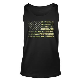 Husband Daddy Protector Hero For Men Camo Us Flag Unisex Tank Top | Mazezy