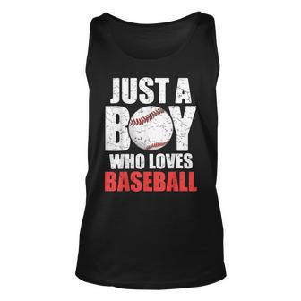 Just A Boy Who Loves Baseball Batter Catcher Pitcher Boys Unisex Tank Top - Seseable