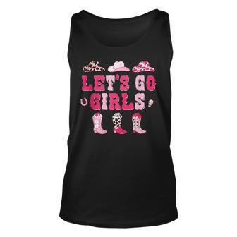 Lets Go Girls Western Pink Cowgirl Hat Boots Country Music Unisex Tank Top | Mazezy UK