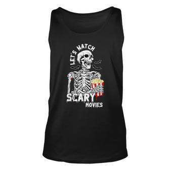 Let's Watch Scary Movies Skeleton Popcoin Halloween Costume Tank Top | Mazezy