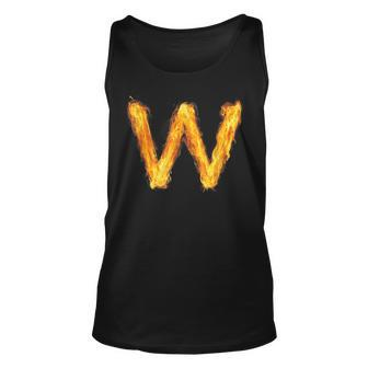 Letter W Sign Alphabet Last Name Consonants Fire Flame Gift Unisex Tank Top | Mazezy