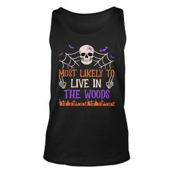 Most Likely To Live In The Woods Spooky Skull Halloween Tank Top | Mazezy