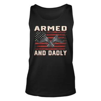 Men Armed And Dadly Funny Deadly For Fathers Day Usa Flag Unisex Tank Top | Mazezy