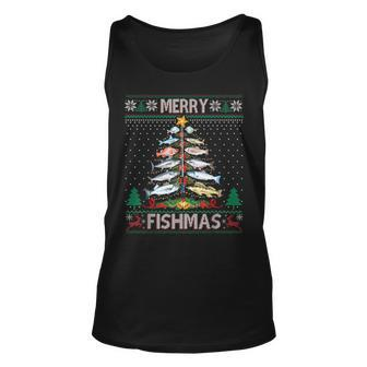 Merry Fishmas Ugly Sweater Fish Fishing Rod Christmas Tree Tank Top | Mazezy AU