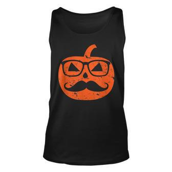 Nerd Geek Pumpkin With Mustache Wearing Glasses Halloween Pumpkin Tank Top | Mazezy