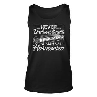 Never Underestimate A Man Harmonica Grunge Blues Musicians Unisex Tank Top - Seseable