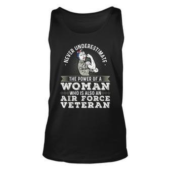 Never Underestimate A Woman Air Force Veteran Soldier Unisex Tank Top - Seseable