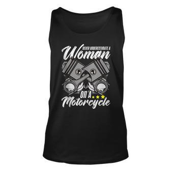 Never Underestimate A Woman On A Motorcycle Funny Lady Biker Unisex Tank Top - Seseable