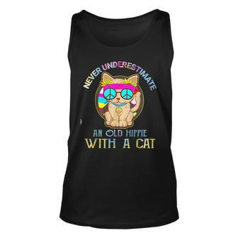 Never Underestimate An Old Hippie With A Cat Funny Unisex Tank Top - Seseable