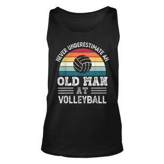 Never Underestimate An Old Man At Volleyball Fathers Day Gift For Mens Unisex Tank Top - Seseable