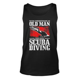 Never Underestimate An Old Man Who Loves Scuba Diving Diver Gift For Mens Unisex Tank Top - Seseable