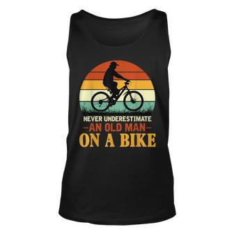 Never Underestimate Funny Quote An Old Man On A Bicycle Retr Unisex Tank Top - Seseable