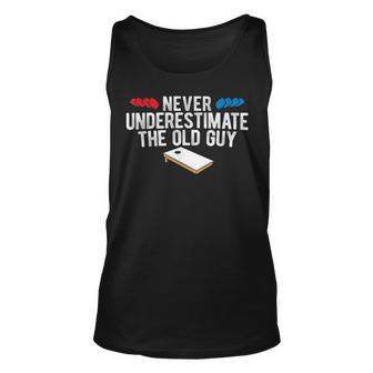 Never Underestimate The Old Guy Cornhole Gift For Mens Unisex Tank Top | Mazezy