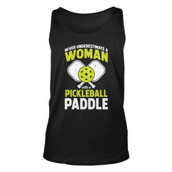Never Underestimate Woman With Pickleball Paddle Funny Gift Unisex Tank Top - Seseable