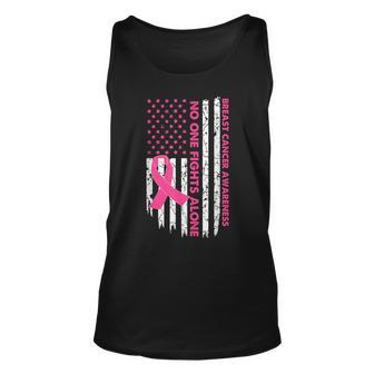 No One Fights Breast Cancer Alone American Flag Pink Ribbon Tank Top | Mazezy