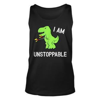 Now I Am Unstoppable Funny T-Rex Dinosaur Grabbing Stick Unisex Tank Top | Mazezy